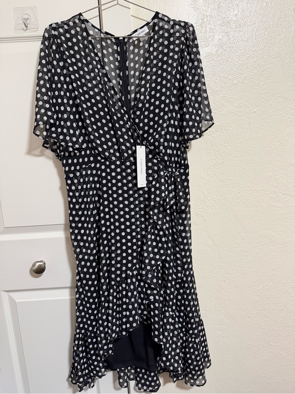 Calvin Klein Black and White Polka Dot High-Low Wrap Dress